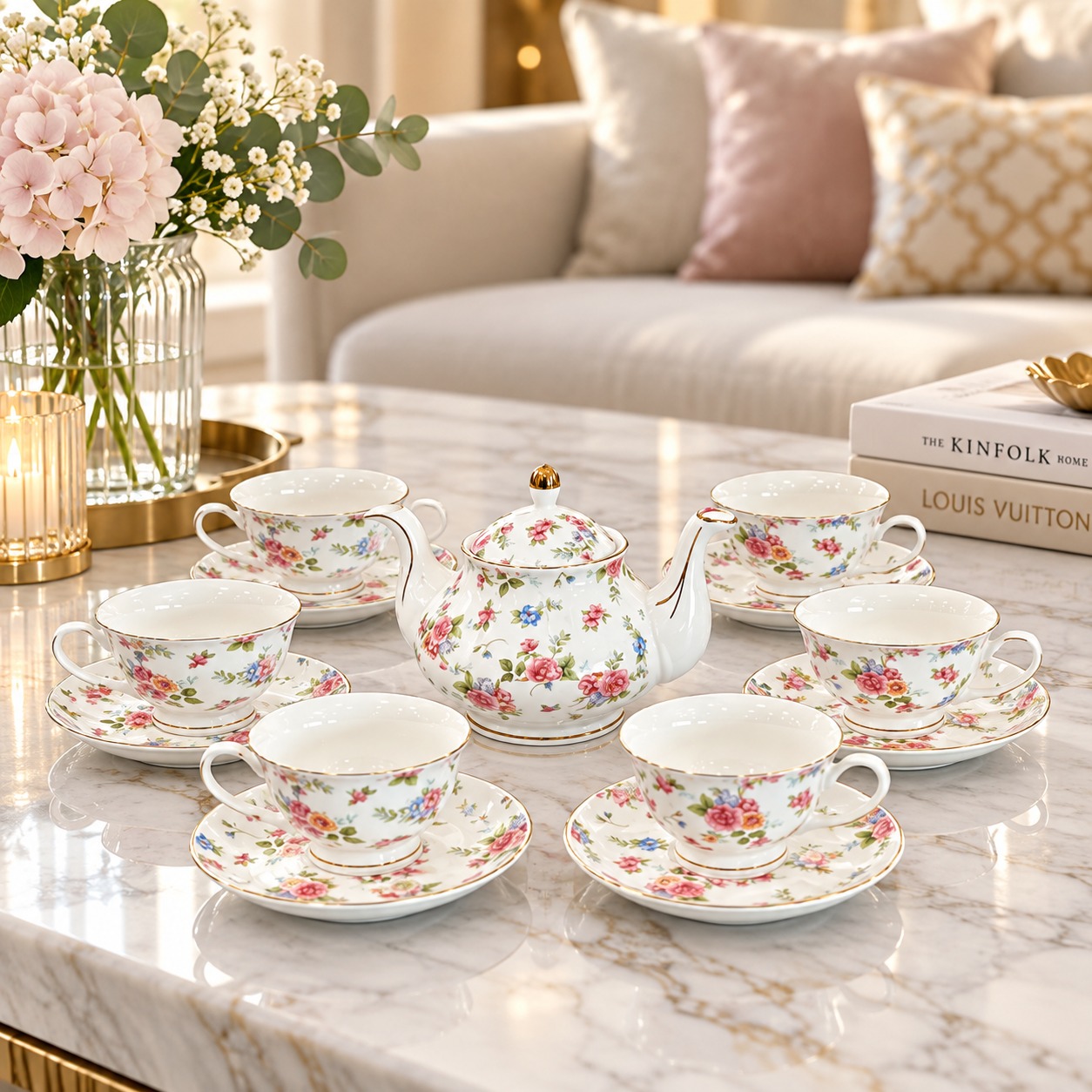 Service à café en Porcelaine Motif Floral – 13 Pièces