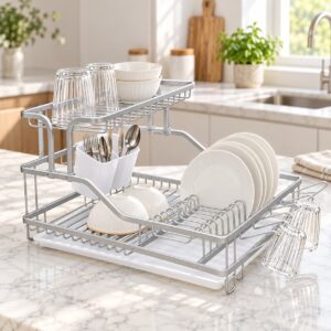 Égouttoir à Vaisselle 2 Niveaux Compact en Aluminium Argent