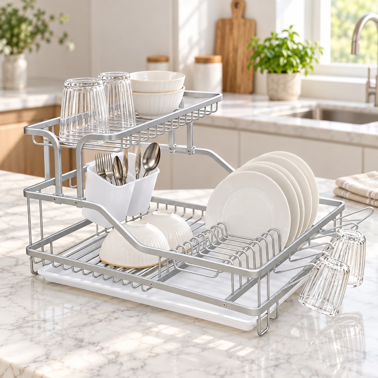Égouttoir à Vaisselle 2 Niveaux Compact en Aluminium Argent