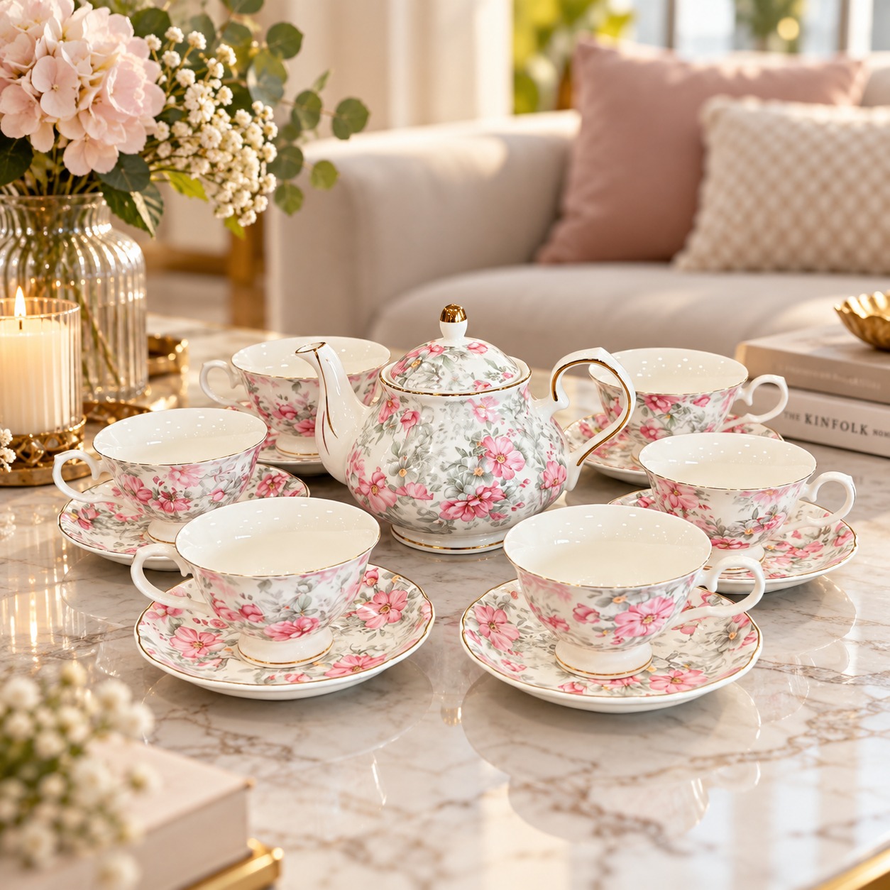 Service à café en Porcelaine Motif Floral – 13 Pièces