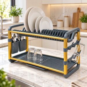 Égouttoir à Vaisselle 2 Niveaux en Aluminium Doré