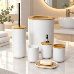 Série Accessoires Salle de Bain 6 Pièces avec Effet Bois