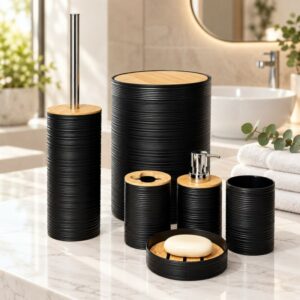 Série Accessoires Salle de Bain 6 Pièces avec Effet Bois