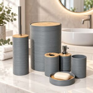 Série Accessoires Salle de Bain 6 Pièces avec Effet Bois