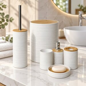 Série Accessoires Salle de Bain 6 Pièces avec Effet Bois