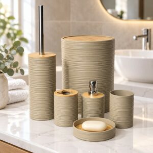 Série Accessoires Salle de Bain 6 Pièces avec Effet Bois