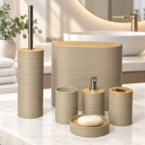 Série Accessoires Salle de Bain 6 Pièces avec Effet Bois