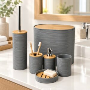 Série Accessoires Salle de Bain 6 Pièces avec Effet Bois
