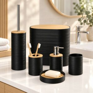 Série Accessoires Salle de Bain 6 Pièces avec Effet Bois
