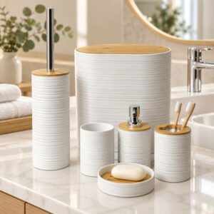 Série Accessoires Salle de Bain 6 Pièces avec Effet Bois